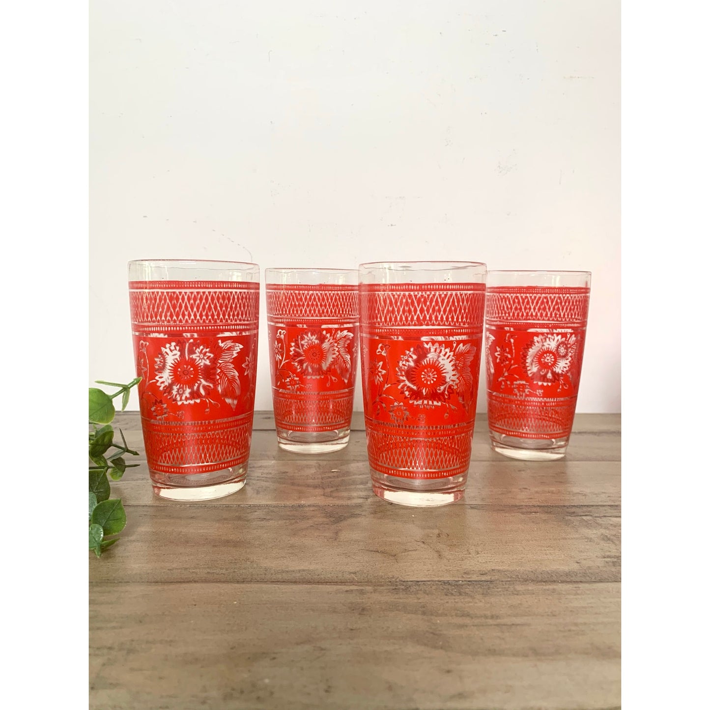 Vintage Mid Century Barware Glasses 12pc Retro Floral Red Drinkware Boho Cottage