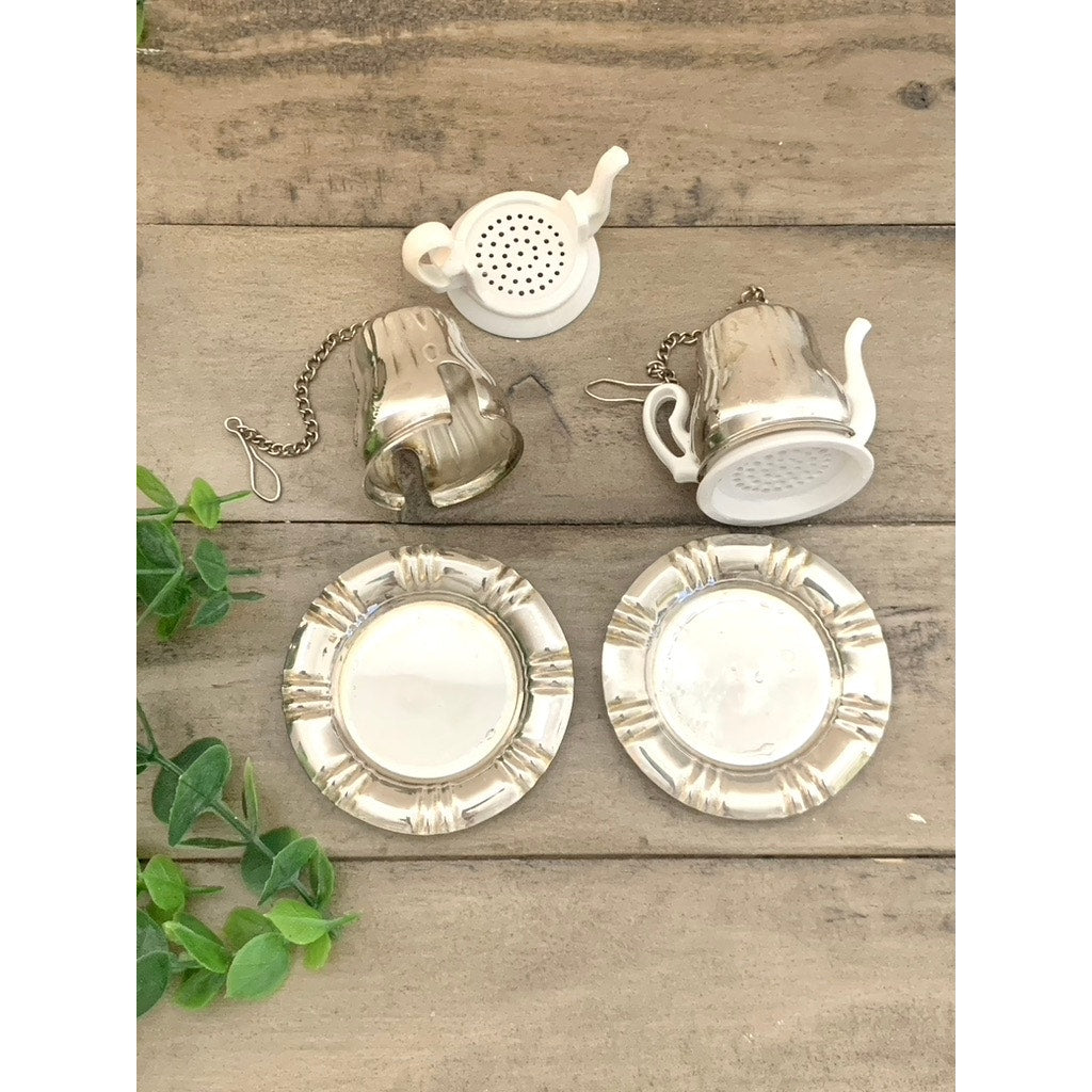 Vintage Silverplate Tea Infuser Set Mini Teapot Tea Strainers with Drip Trays