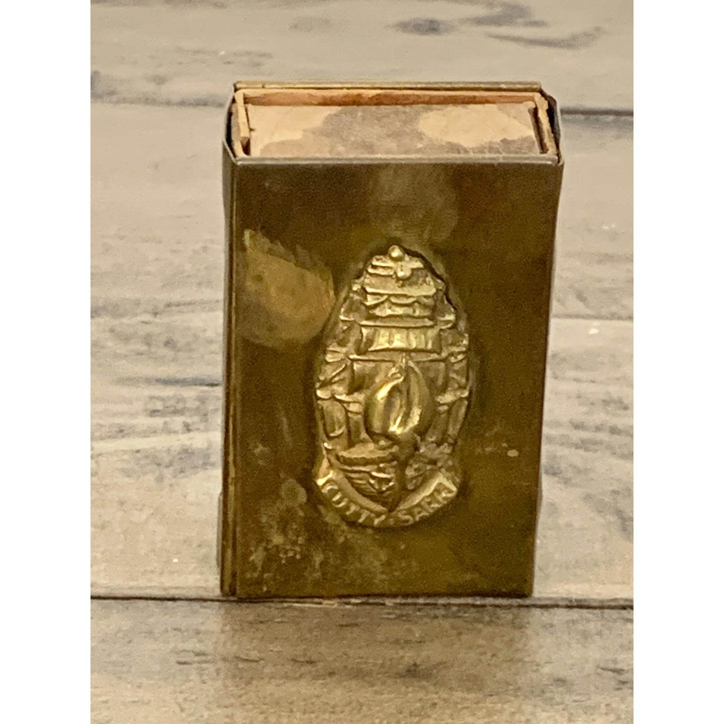 Vintage Brass Match Holder with Cutty Sark Emblem Nautical Maritime Match Cover