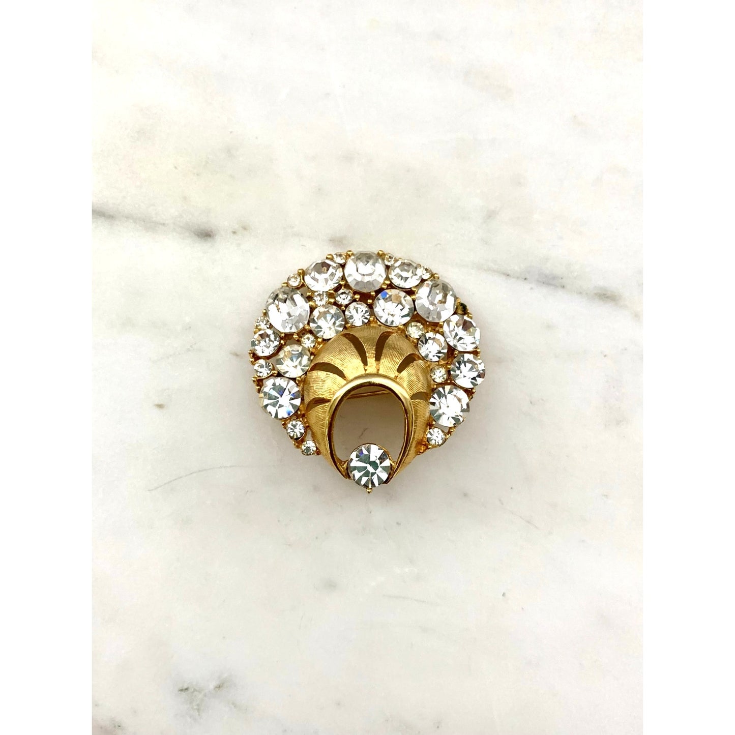 Vintage Goldtone Rhinestone Clamshell Brooch Sparkling Costume Jewelry Pin Glam