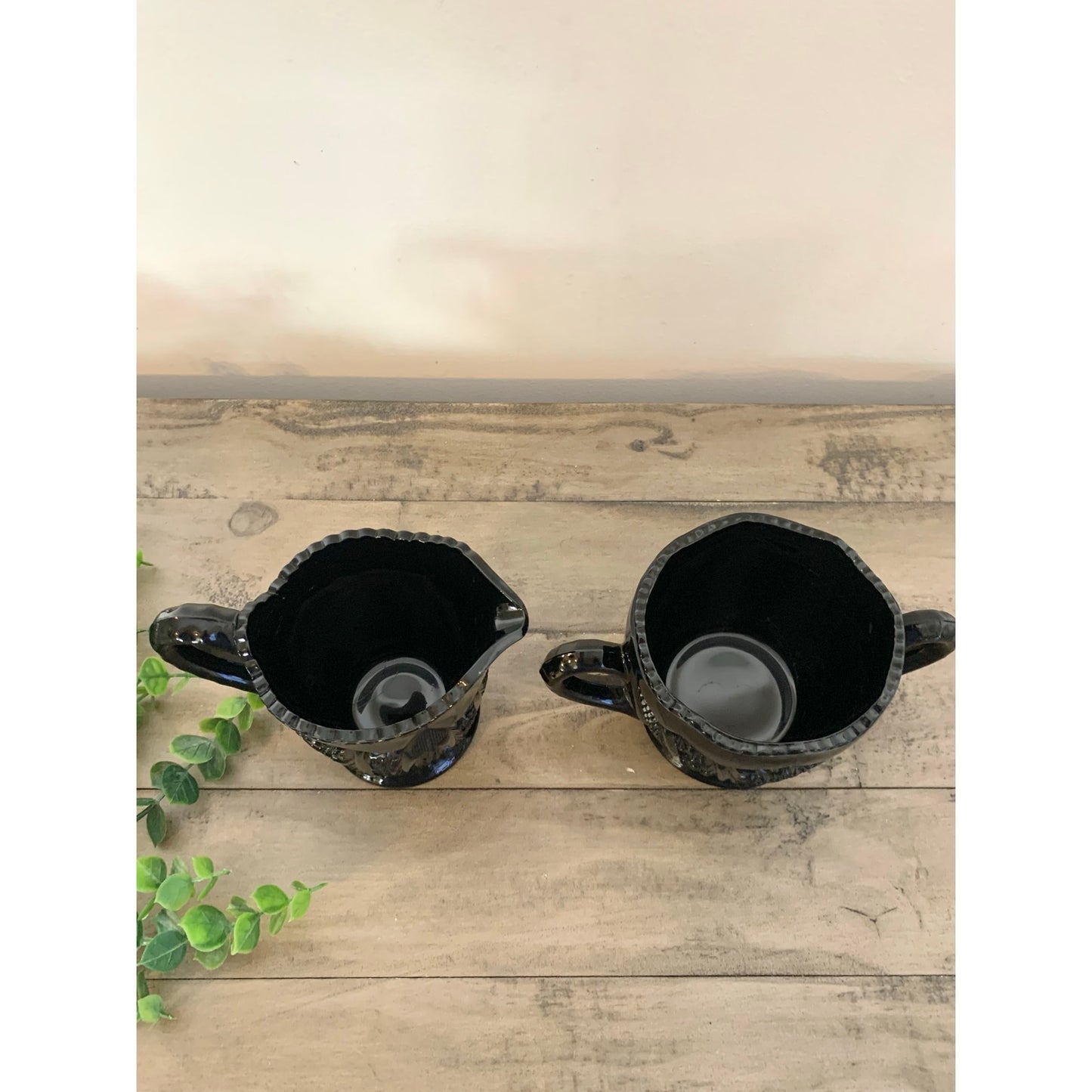 Vintage Tiara Indiana Glass Black Daisy Monarch Creamer and Sugar Set – Pressed Glass Mid Century Barware