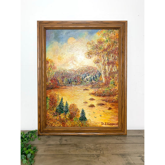 Vintage Oil Painting on Canvas by D. Ellingwood, Framed Autumn Landscape, 28x22