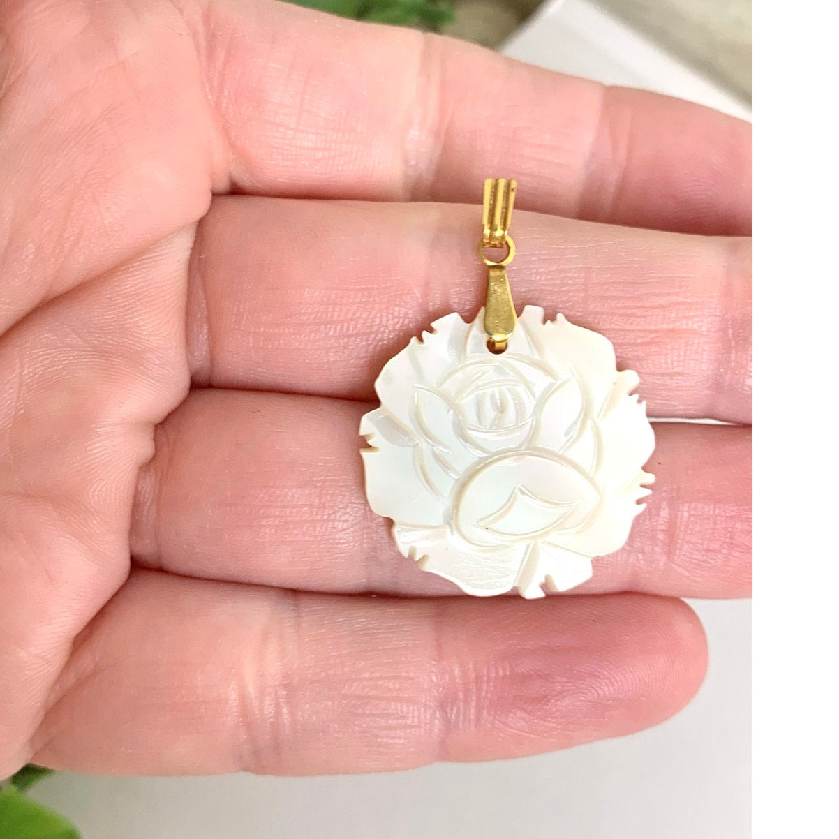 Vintage Mother of Pearl Flower Pendant Gold Tone Bale Carved Shell Charm Rose