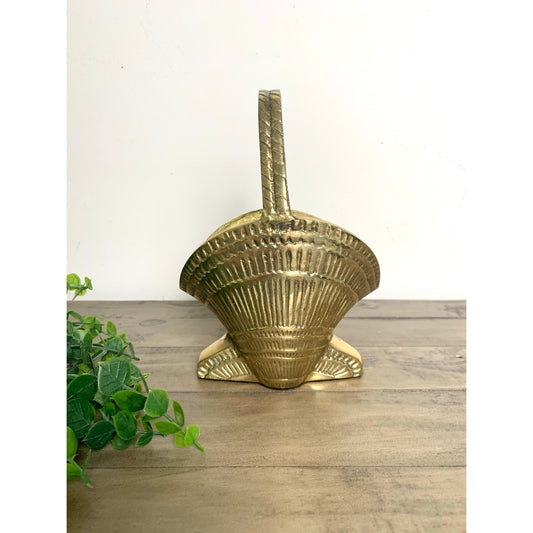 Vintage Solid Brass Seashell Basket Planter with Handle Heavy Coastal Nautical