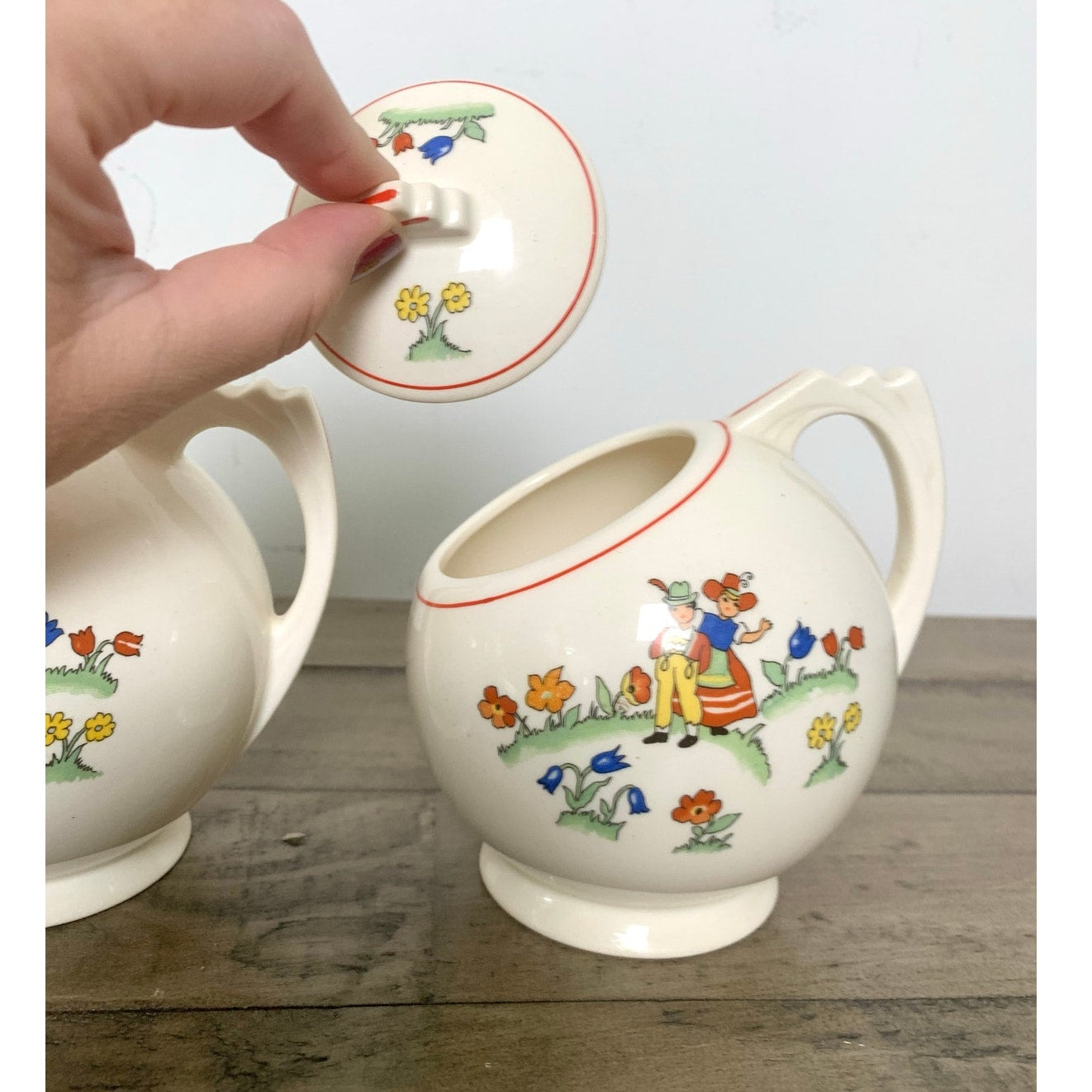 Vintage Crooksville China Co 3pc Creamer & Sugar Set Hand Painted Dutch Children