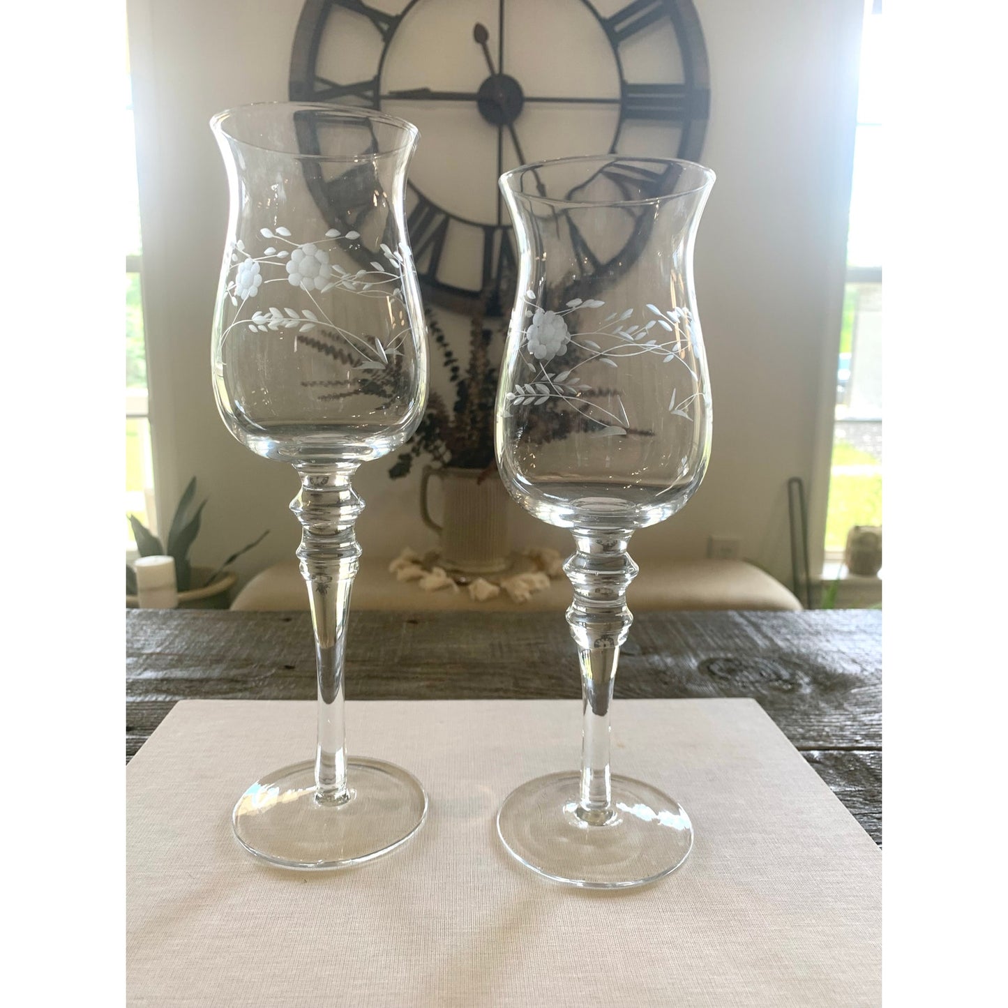 Vintage Princess House Etched Glass Hurricane Candle Holders – Floral Design, Set of 2