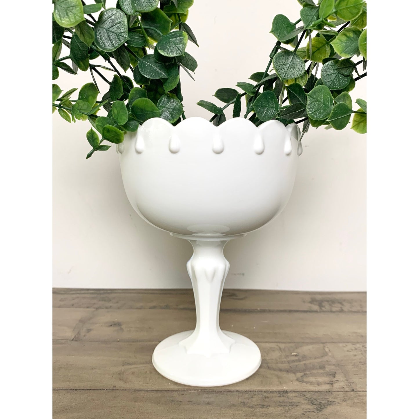 Vintage White Indiana Milk Glass Pedestal Compote Candy Dish Bowl Scalloped Rim