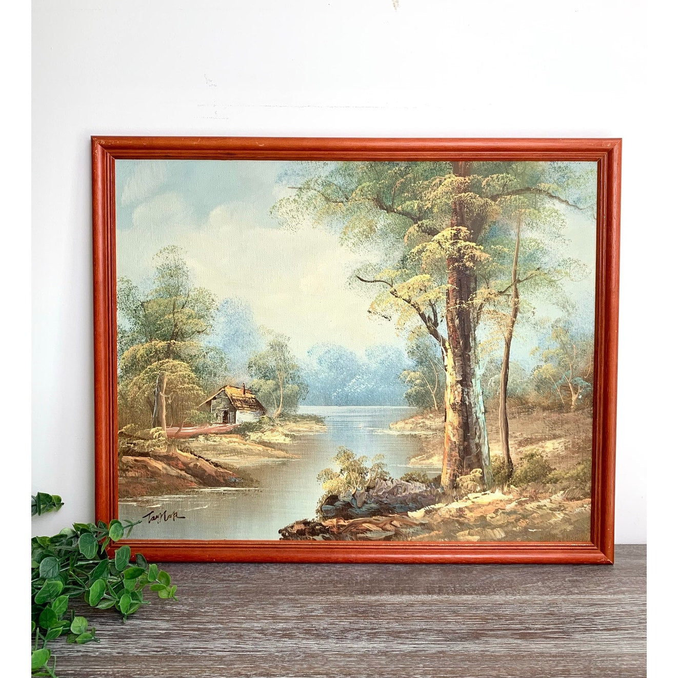 Vintage Riverside Landscape Oil Painting by Taylor Signed Framed Nature Scene