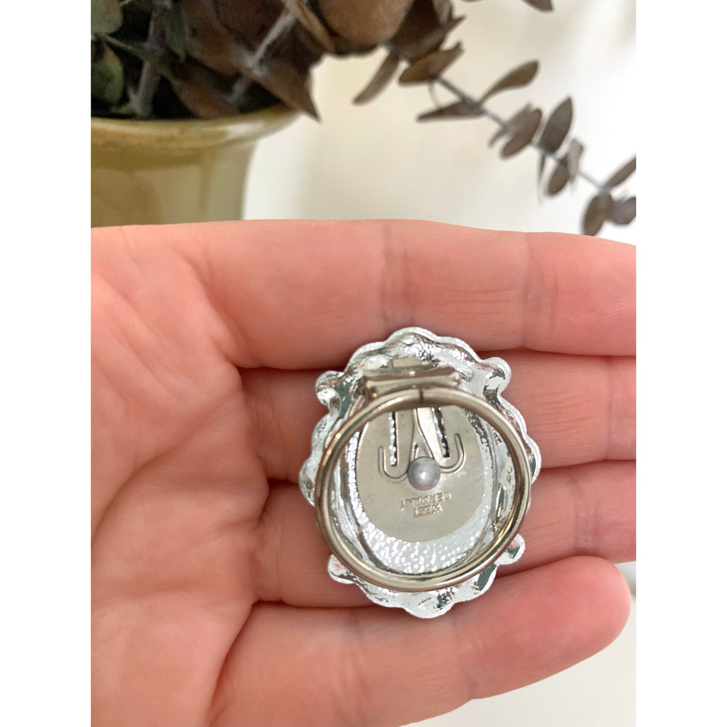 Vintage West Germany Mother of Pearl Scarf Clip Ornate Silver Tone Oval