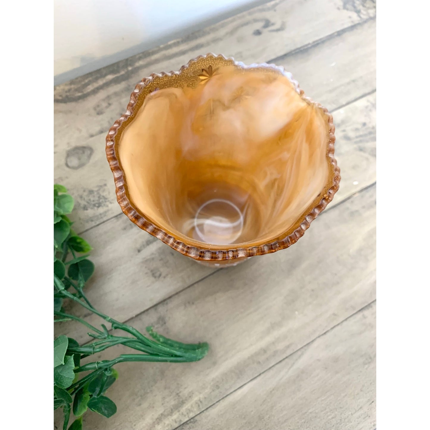 Vintage Imperial Glass Amber Slag Glass Vase Marbled Swirl Mid Century Scalloped