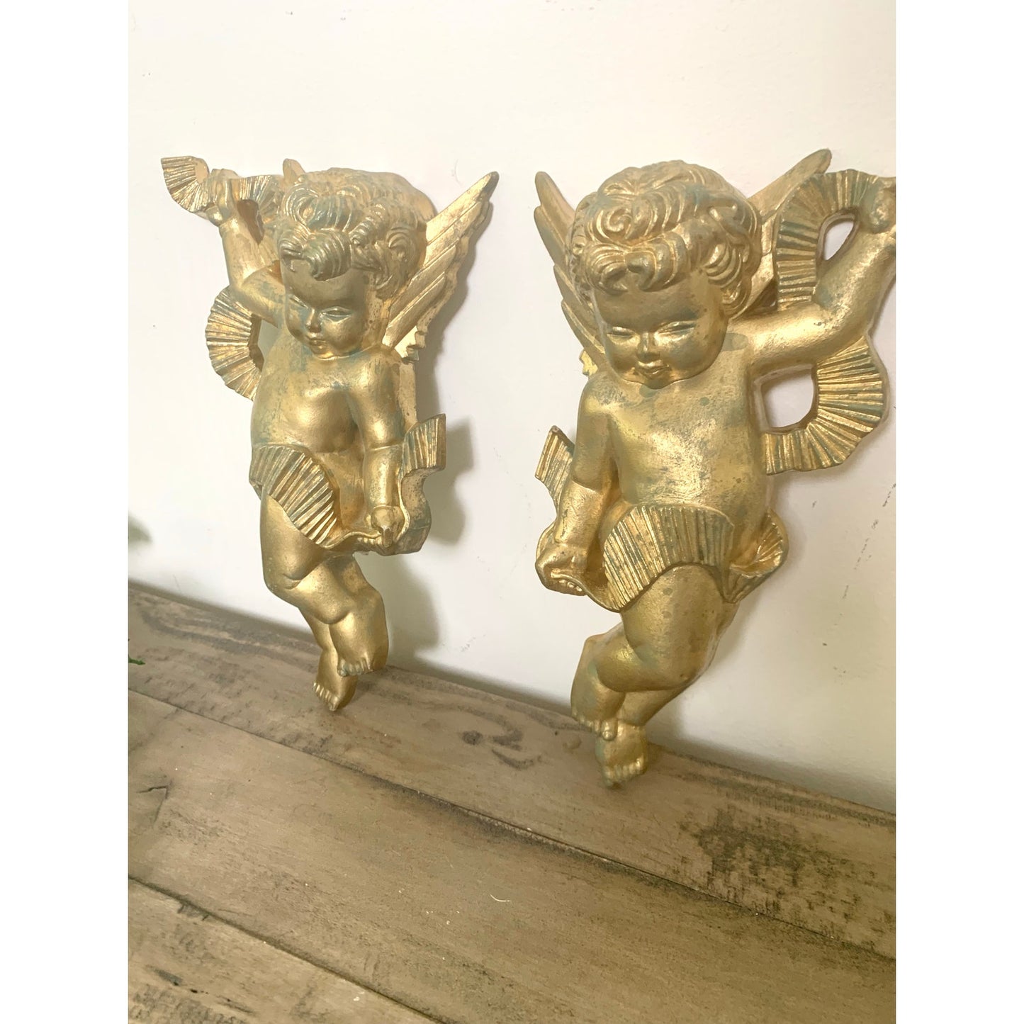 Vintage 1970 Burwood Co Cherub Angel Wall Plaques – Gold & Verdi Accents