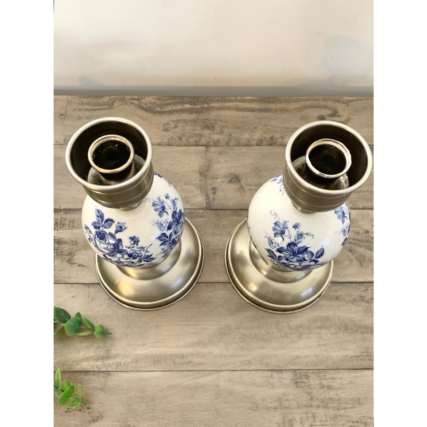 Vintage Blue & White Floral Porcelain and Pewter Candlestick Holders Set of 2