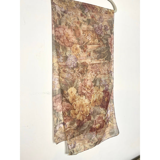 Vintage Accessory Street Italy Floral Scarf Gold Thread Sheer Romantic Shawl Boho Cottagecore