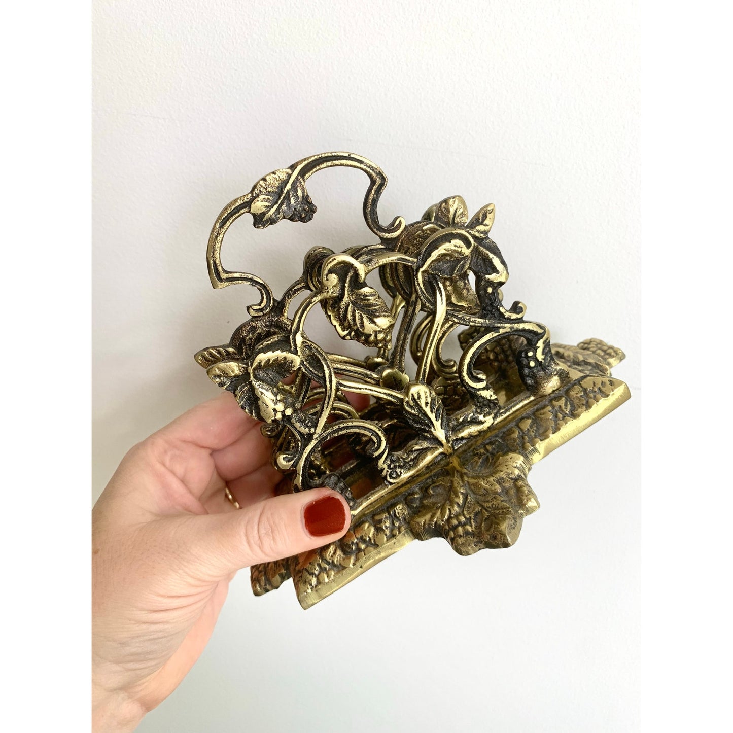 Antique Brass Mail Holder Made in England Napkin Letter Vintage Ornate Organizer