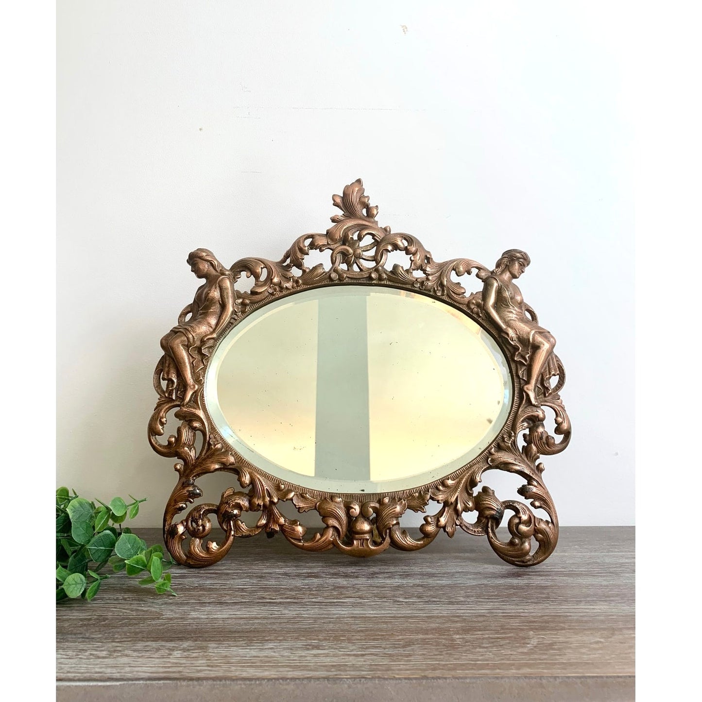 Vintage Art Nouveau Style Cast Iron Vanity Mirror with Kickstand Ornate Figural