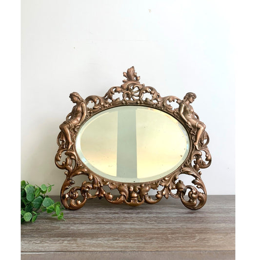 Vintage Art Nouveau Style Cast Iron Vanity Mirror with Kickstand Ornate Figural