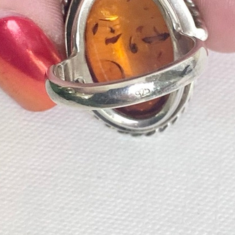 Vintage Sterling Silver Amber Ring Adjustable Oval Statement Jewelry Boho Southwestern