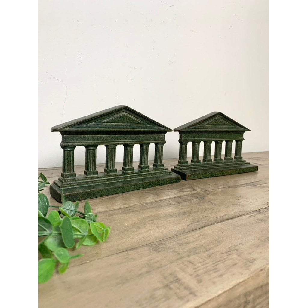 Vintage Cast Iron Greek Roman Bookends Green Greek Parthenon Columns Old Money