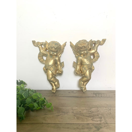 Vintage 1970 Burwood Co Cherub Angel Wall Plaques – Gold & Verdi Accents