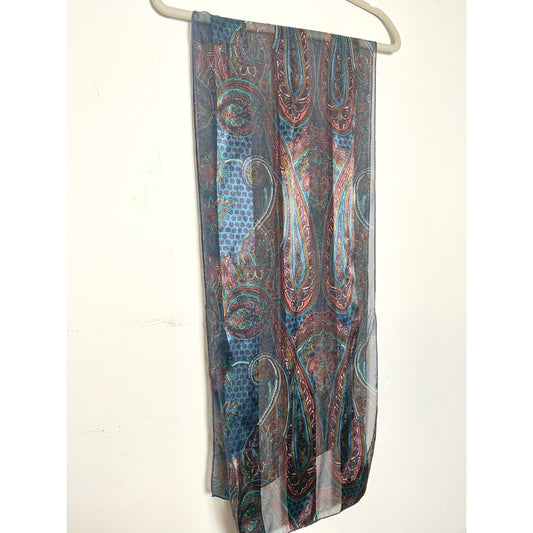 Vintage Sheer Paisley Scarf in Blue Teal and Burgundy Pink Boho Retro Pattern Fall Quiet Luxury