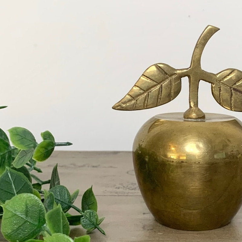 Vintage Brass Apple Bell Handmade India Leaf Handle Retro Fall Gold Teacher MCM