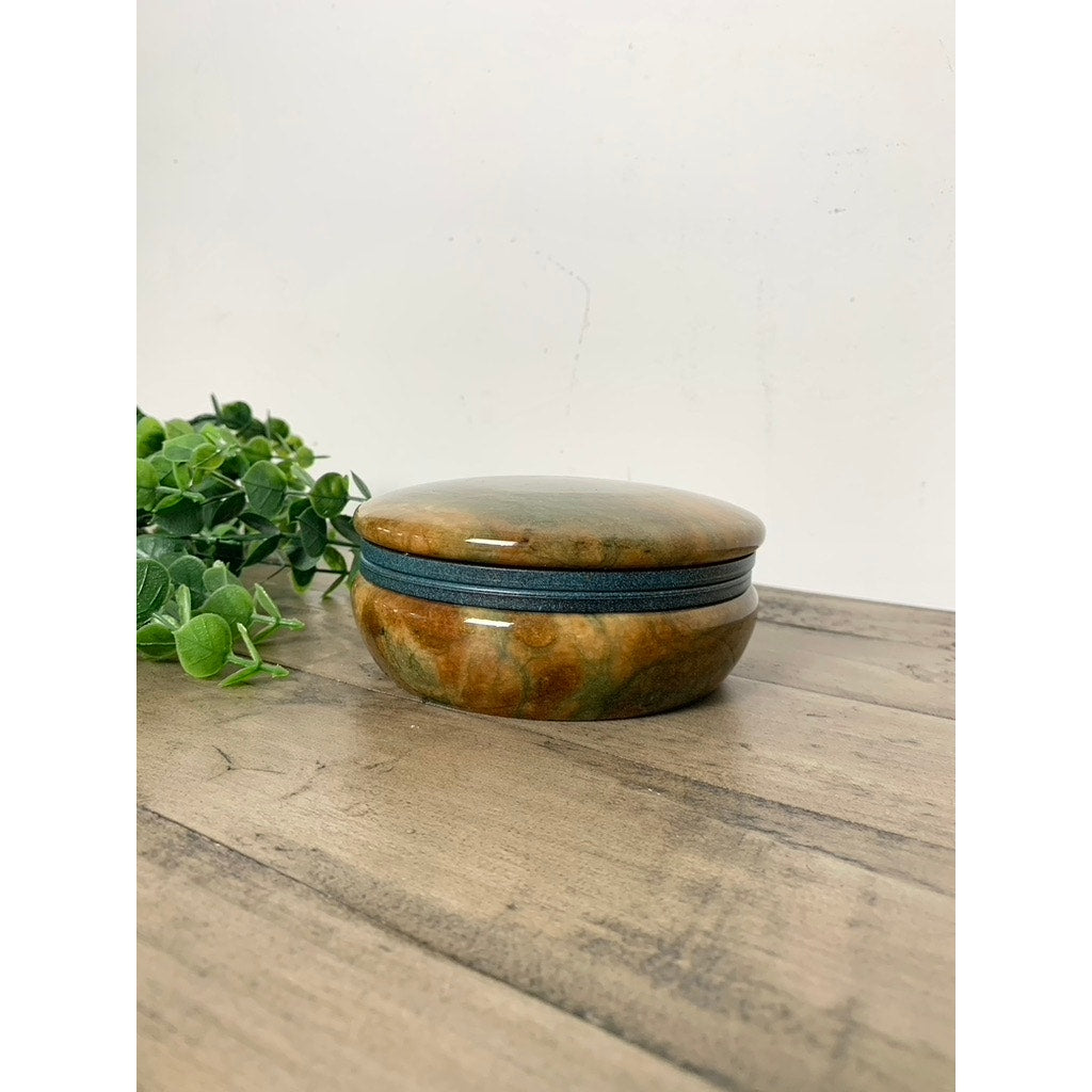 Vintage Alabaster Trinket Jewelry Box Hinged Earthy Green Brown Veining Stone