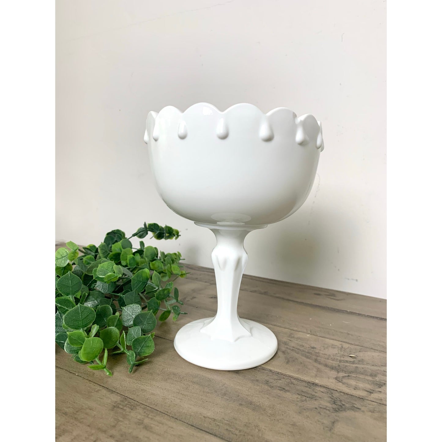 Vintage White Indiana Milk Glass Pedestal Compote Candy Dish Bowl Scalloped Rim