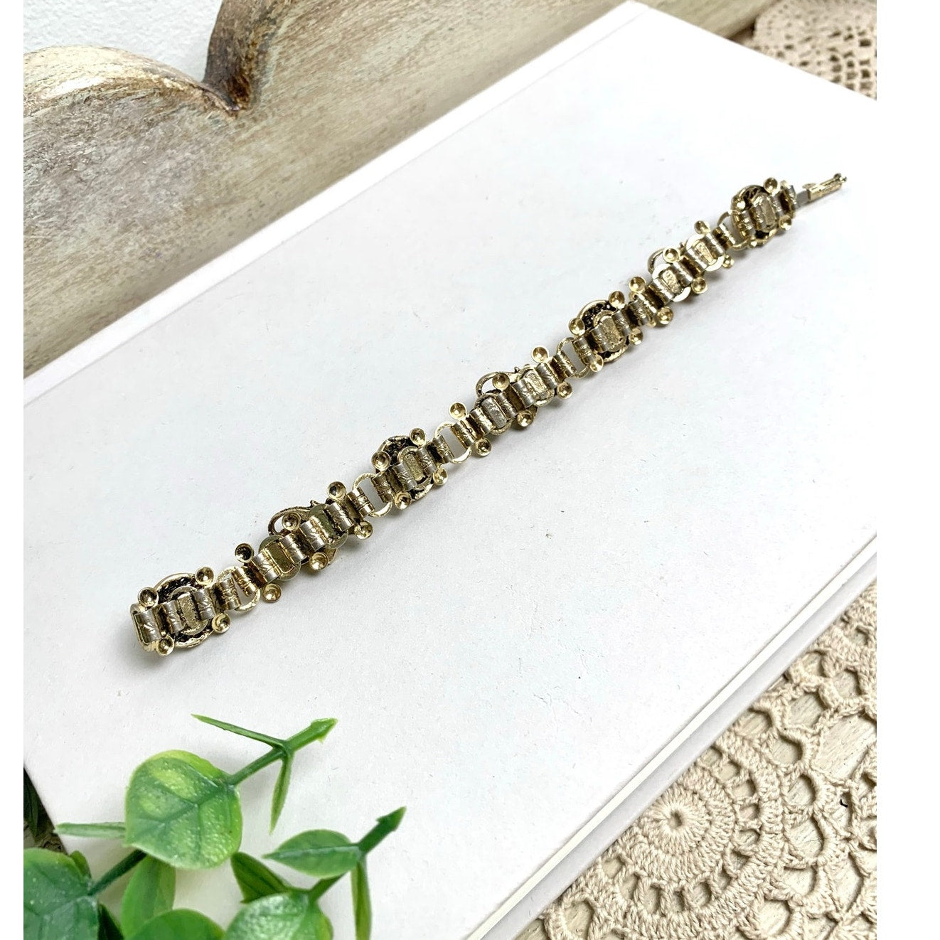 Vintage Victorian Revival Bracelet Goldtone Floral Link Faux Pearl Green Cabochon