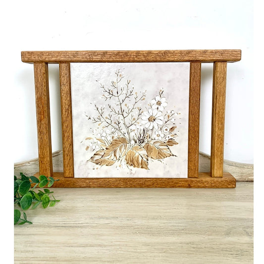 Vintage Floral Ceramic Tile Trivet Wood Frame Farmhouse Cottagecore Kitchen Decor