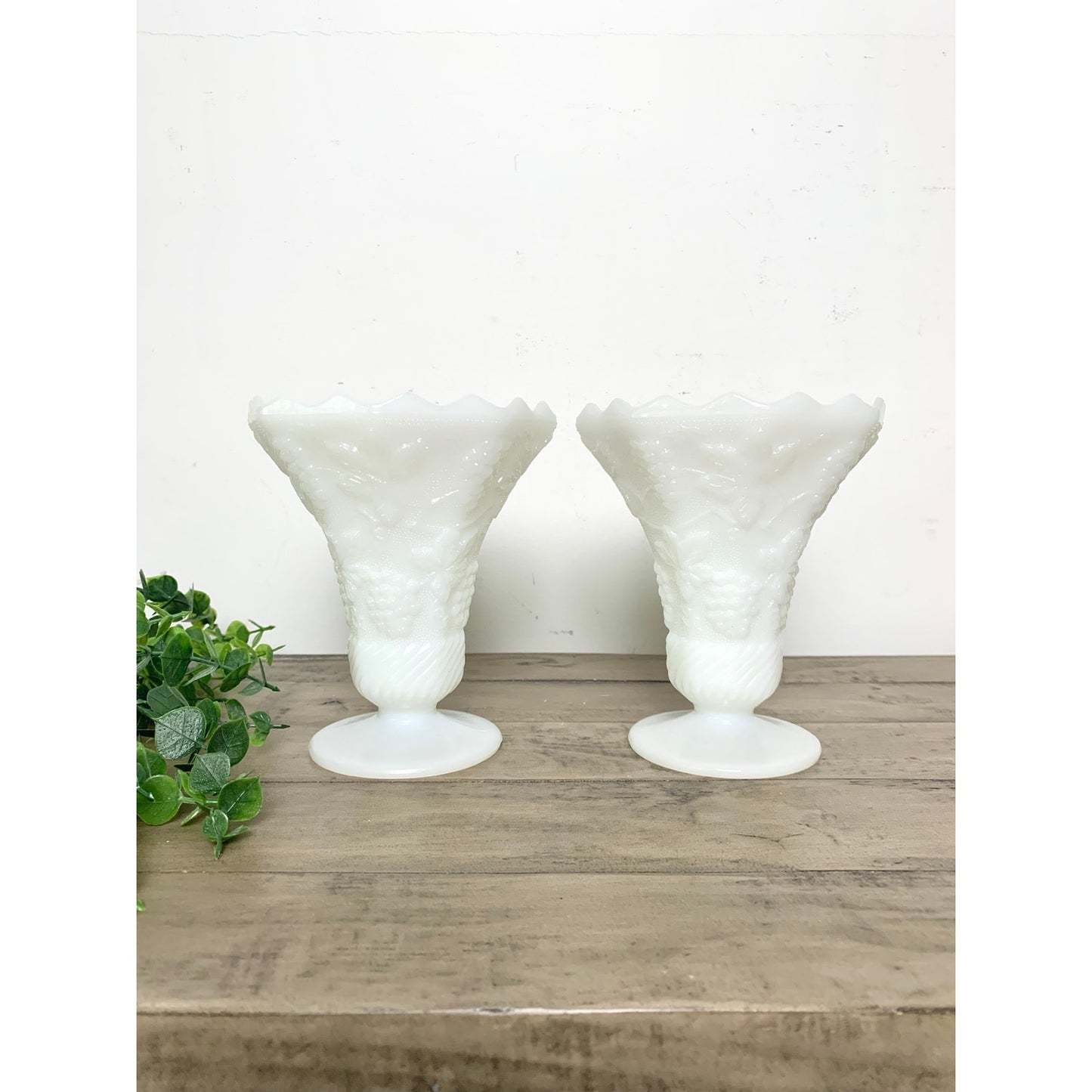 Anchor Hocking Vintage Pair White Milk Glass Grape Vine Pedestal Vases Cottage