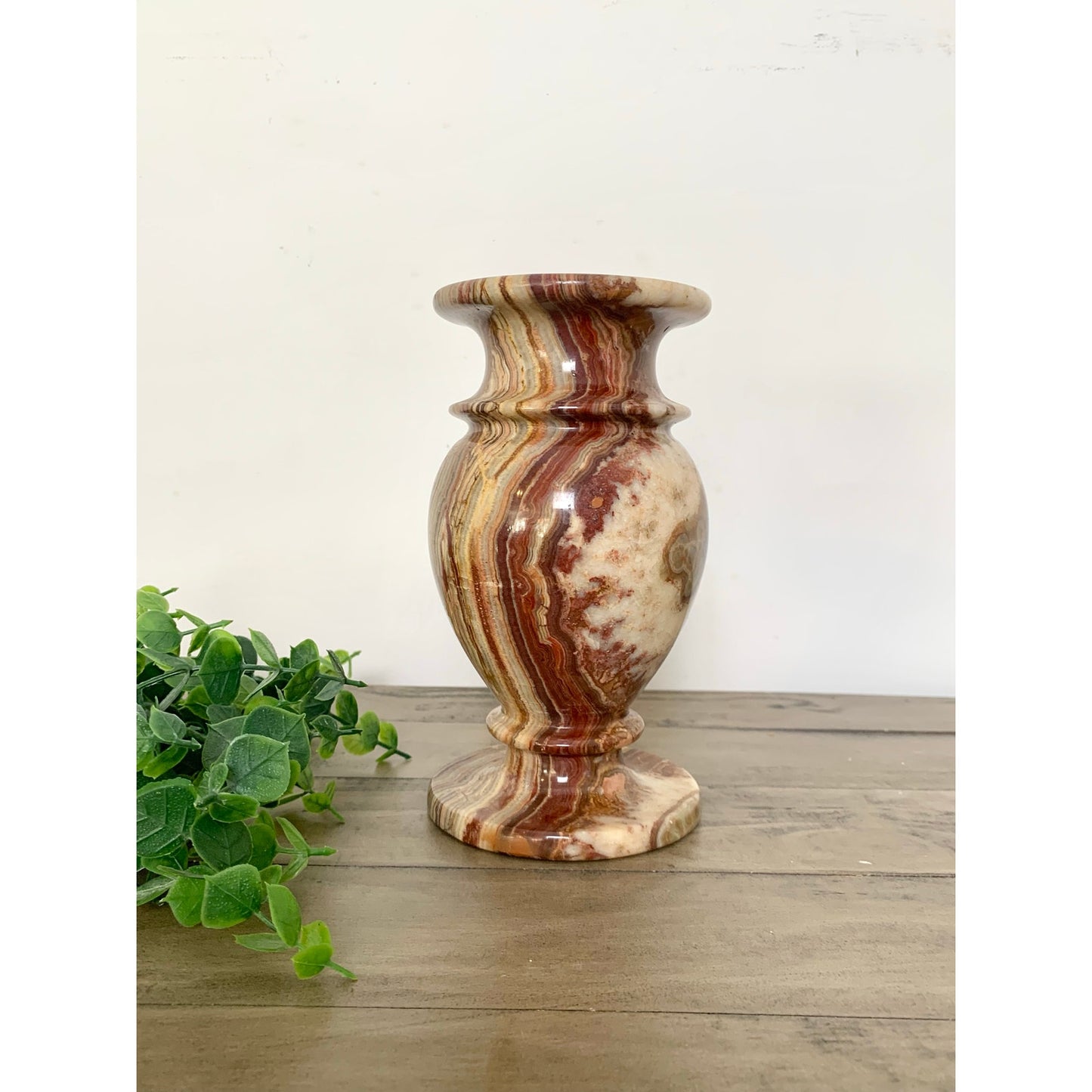 Vintage Polished Onyx Stone Vase Natural Striped Marble Pattern Earthy Boho Urn