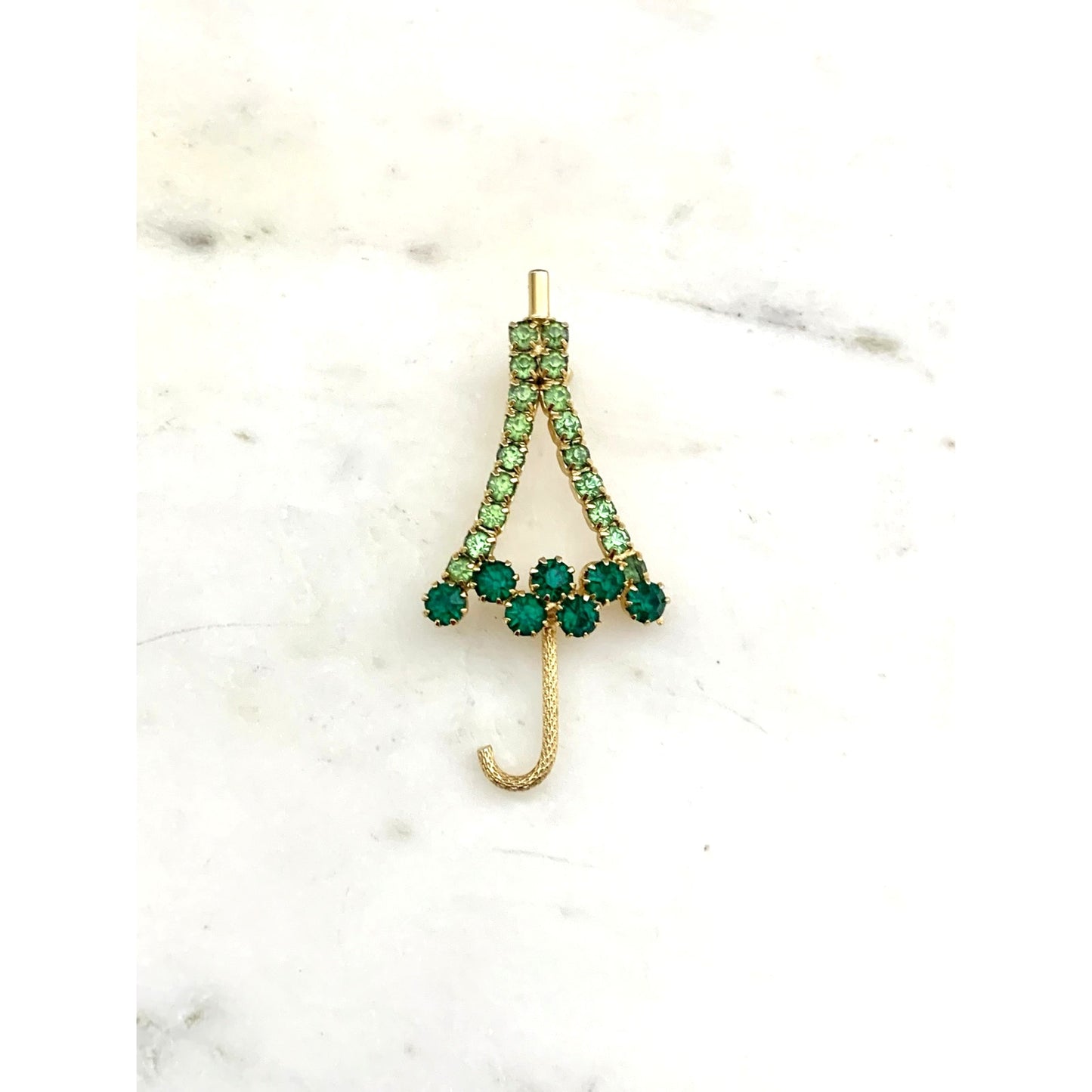Vintage Green Rhinestone Umbrella Brooch Gold Tone Costume Jewelry Pin Sparkling Emerald Green