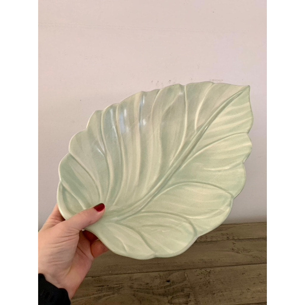 Vintage Royal Haeger Leaf-Shaped Ceramic Platter Tray, Soft Green, 13.625” L