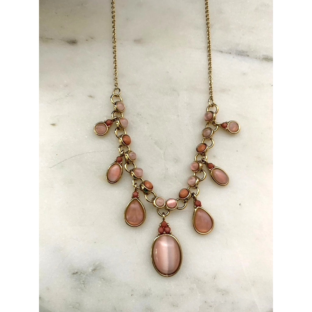 Goldtone Fashion Necklace Two-Tone Pink Stones Adjustable 16”–18.25” Feminine