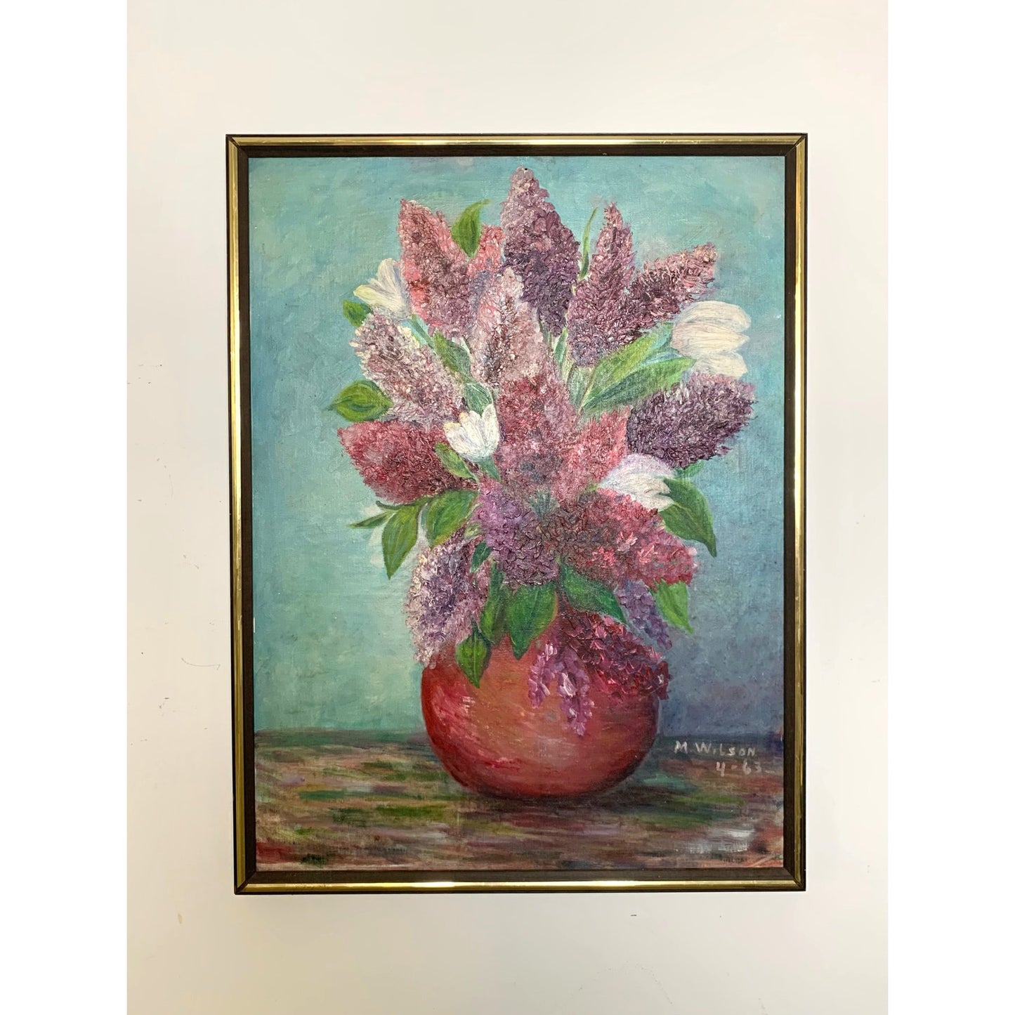 1963 Oil Painting Lilacs in Red Vase by M. Wilson Vintage Floral Still Life