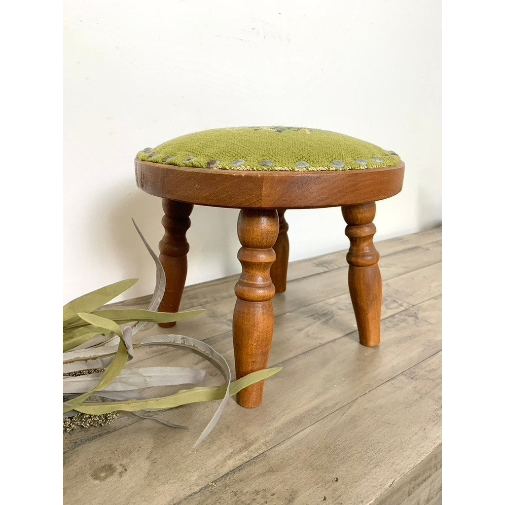 Vintage Floral Needlepoint Wood Footstool Green Wool Top Nailhead Trim Cottage