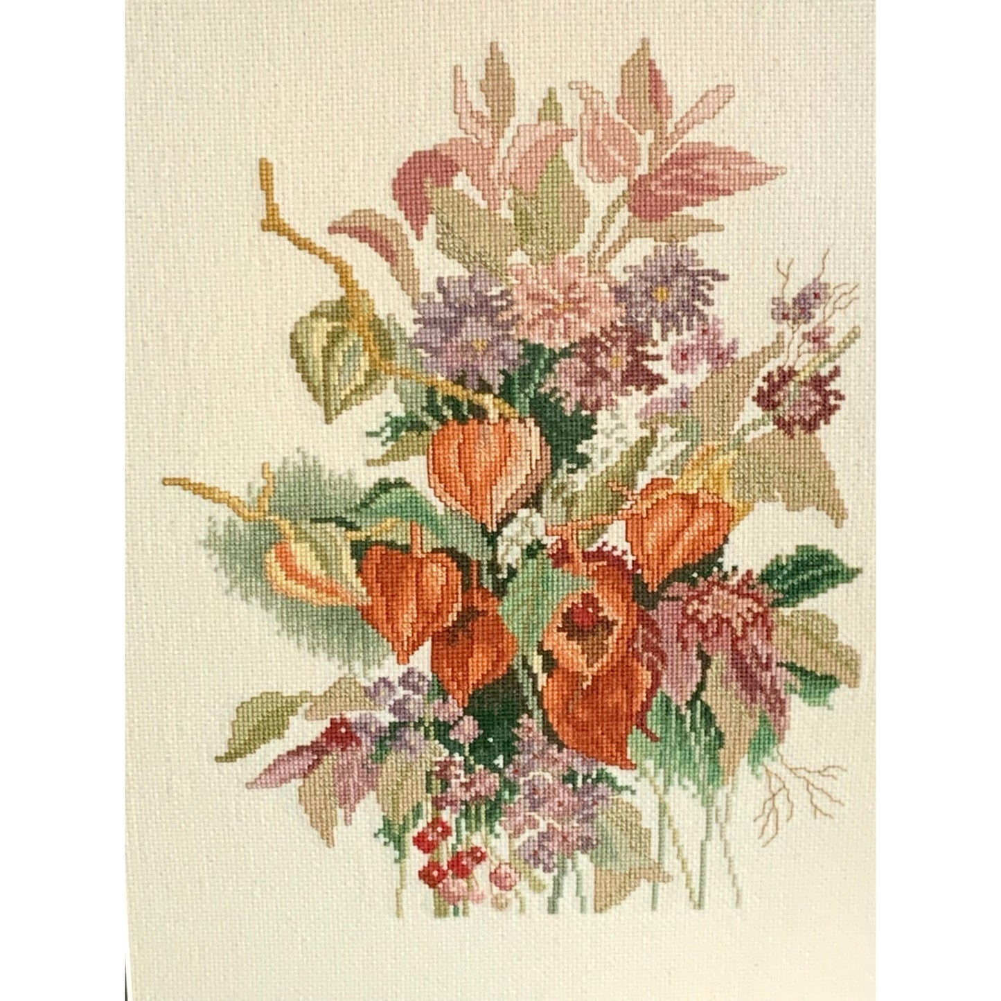 Vintage Framed Floral Needlepoint Hand Stitched Autumn Bouquet Wall Art