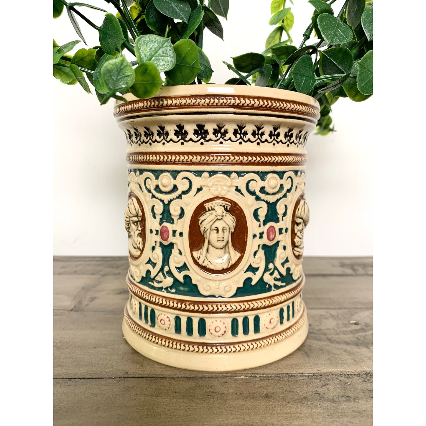 Antique German Majolica Style Pottery Jardiniere Crock Tobacco Jar Humidor