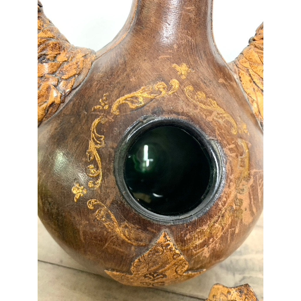 Vintage Italian Leather Lion Head Decanter Bottle Brass Ring Stopper Old Money