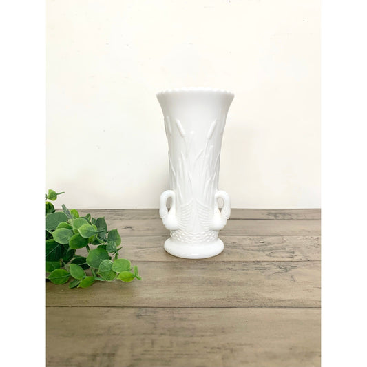Vintage Westmoreland Milk Glass Swan Vase 6.5 Inch Embossed Reeds Cottage Decor