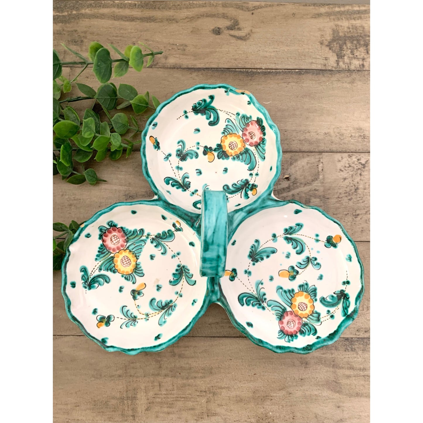 Vintage Hand Painted Italian Pottery Ceramic Serving Dish w Handle Signed Italy