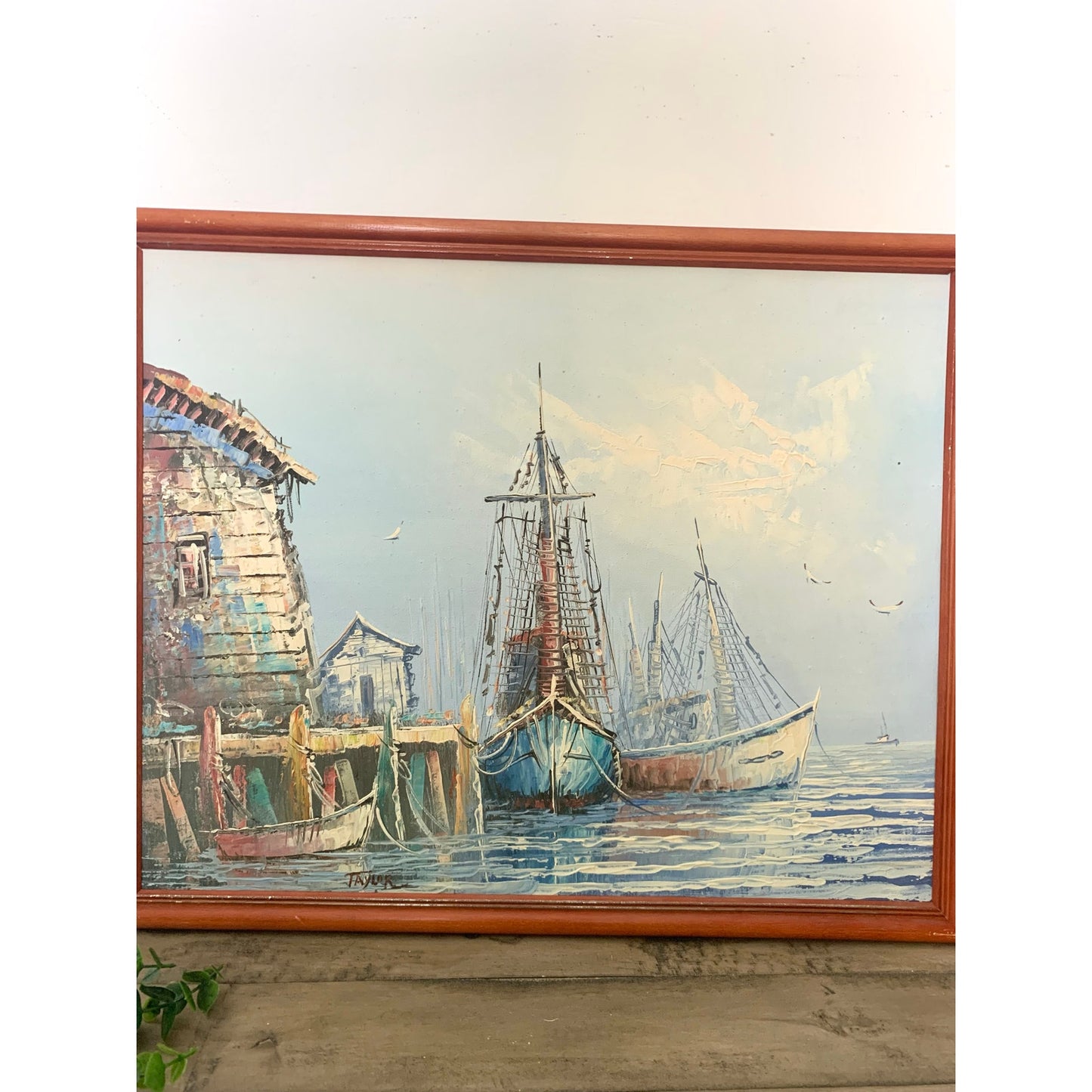 Vintage Oil Painting on Canvas Nautical Art Harbor with Boats Signed Seascape