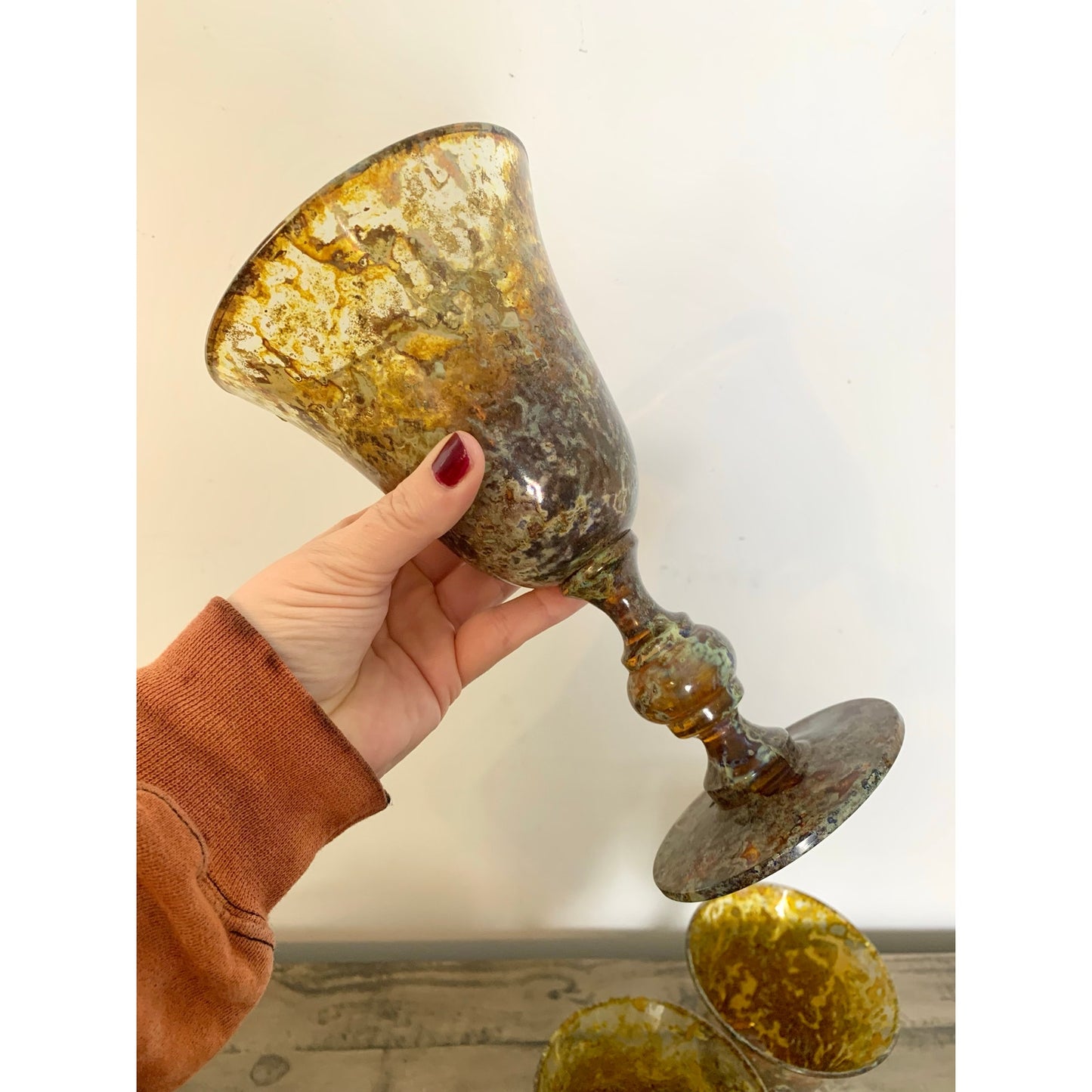 Neiman Marcus Red Moss Agate Goblets Set 3 Vintage Hand Blown Art Glass Poland