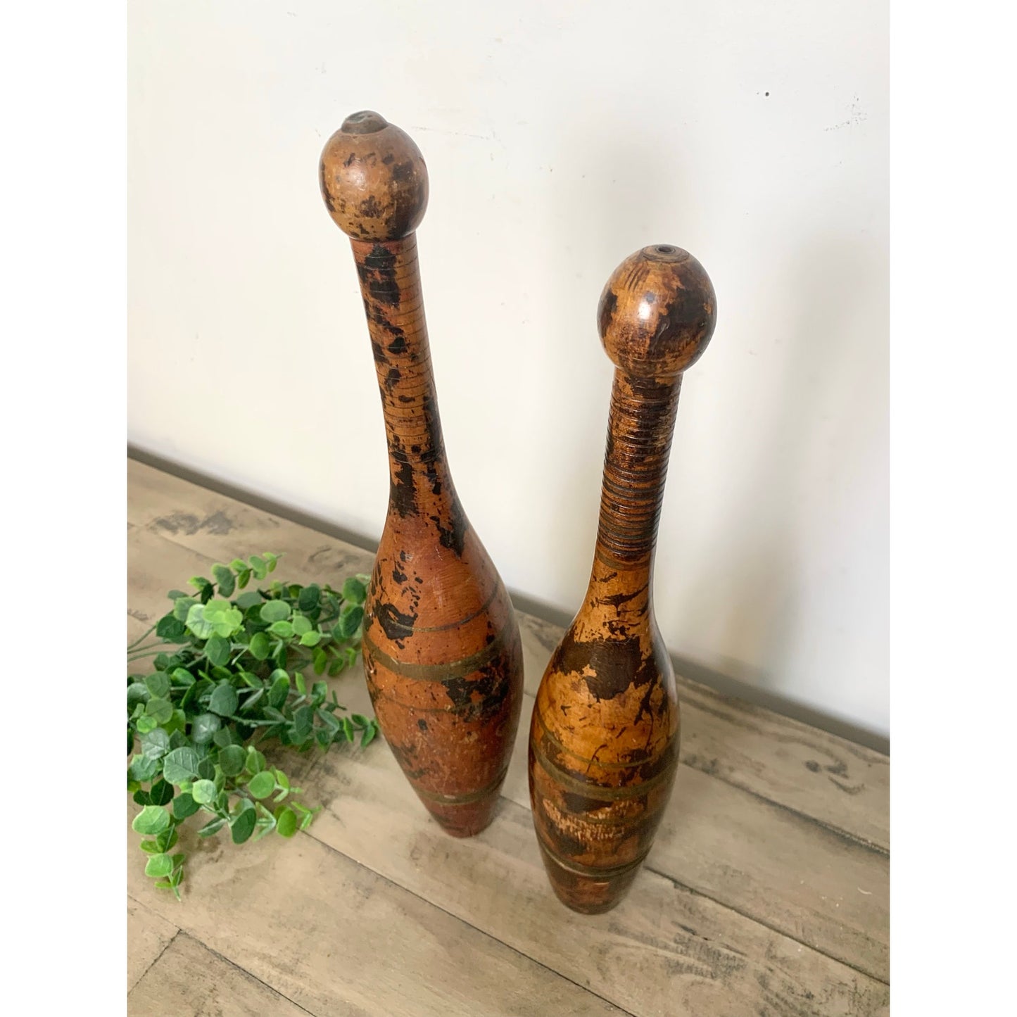 Antique Wooden Indian Clubs Rustic Decorative Skittles Pair Pins Old Money Aged