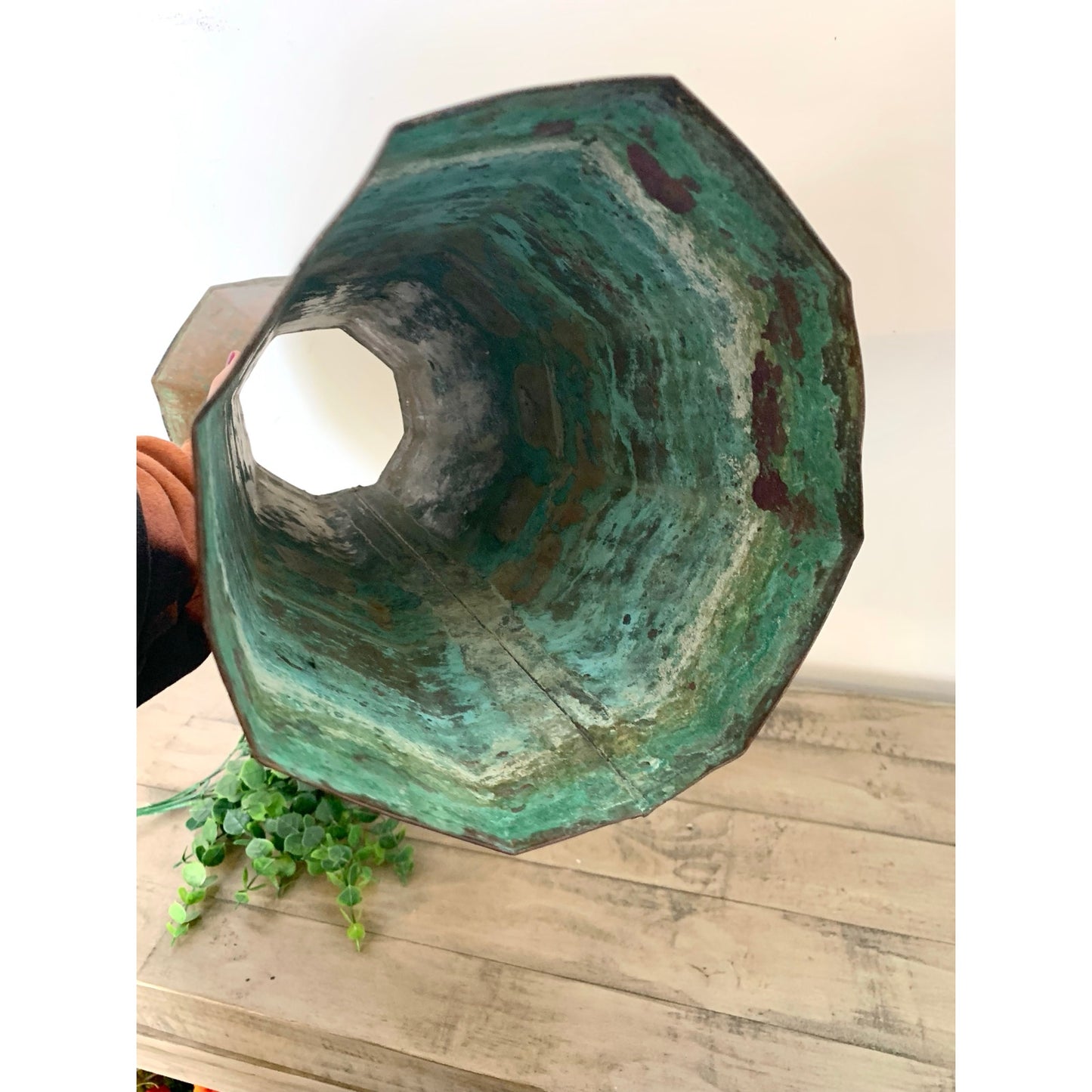 Vintage Copper Vase with Natural Verdigris Patina Large Statement Vessel Rustic