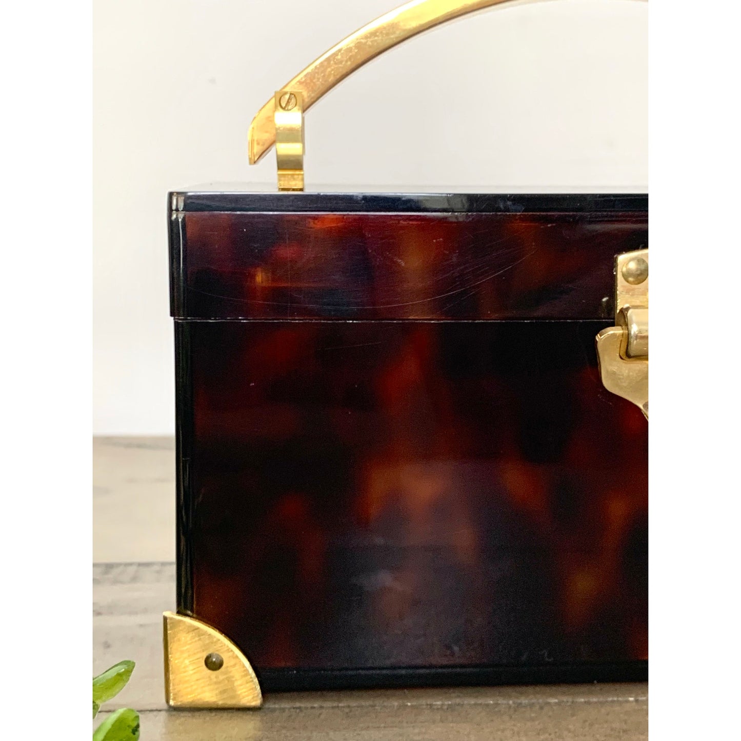 Vintage Saks Fifth Avenue Faux Tortoiseshell Lucite Box Brass Jewelry Storage