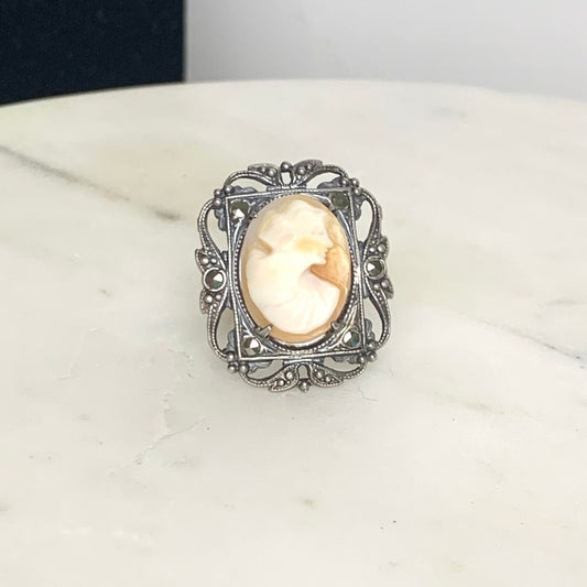 Vintage Sterling Silver Marcasite Ring with Real Shell Cameo Womens Size 4.25