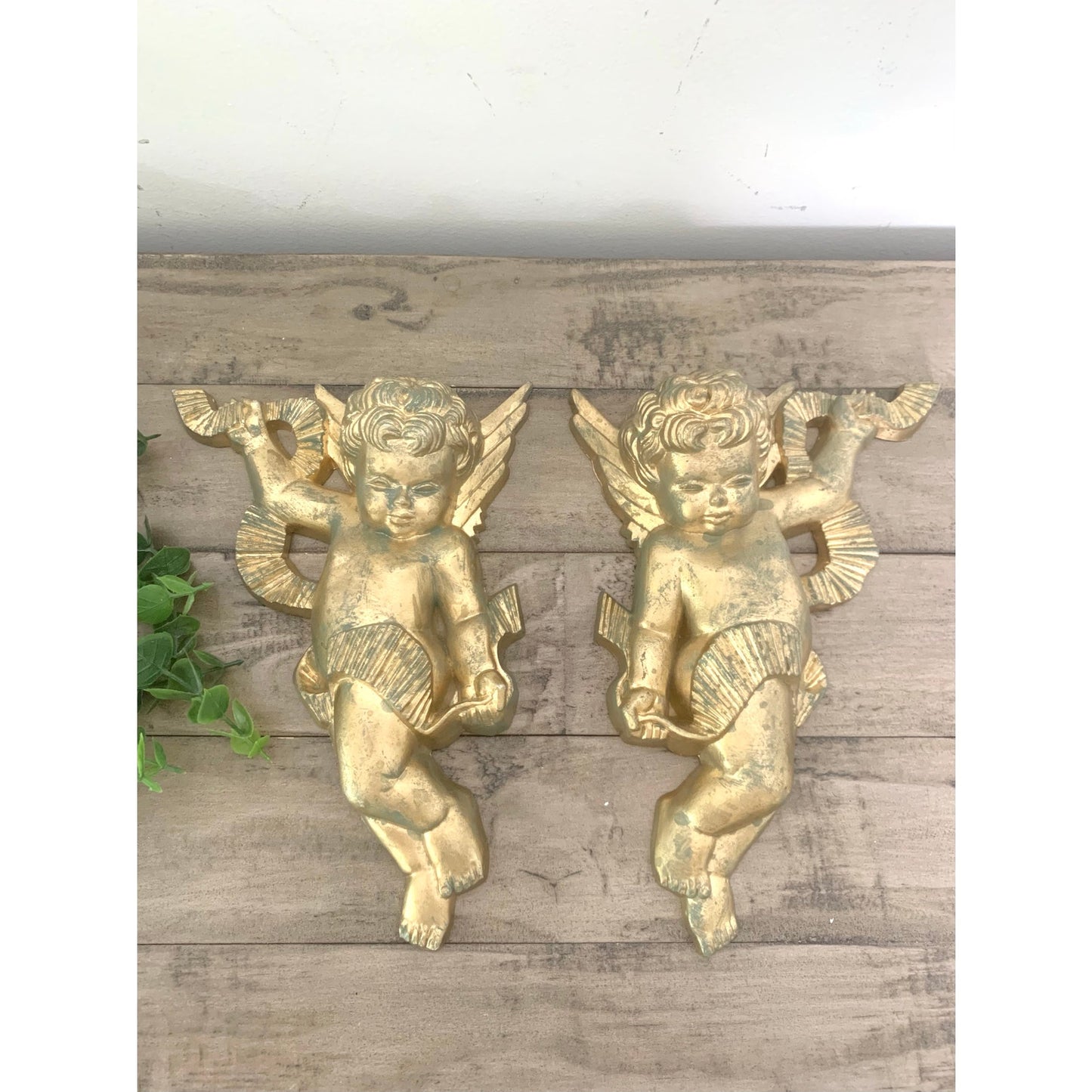 Vintage 1970 Burwood Co Cherub Angel Wall Plaques – Gold & Verdi Accents