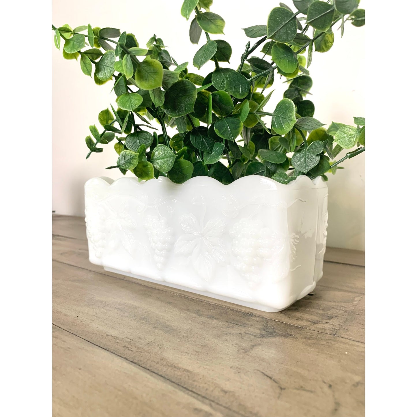 Vintage Anchor Hocking Fire King Milk Glass Grapevine Planter Scalloped RIm