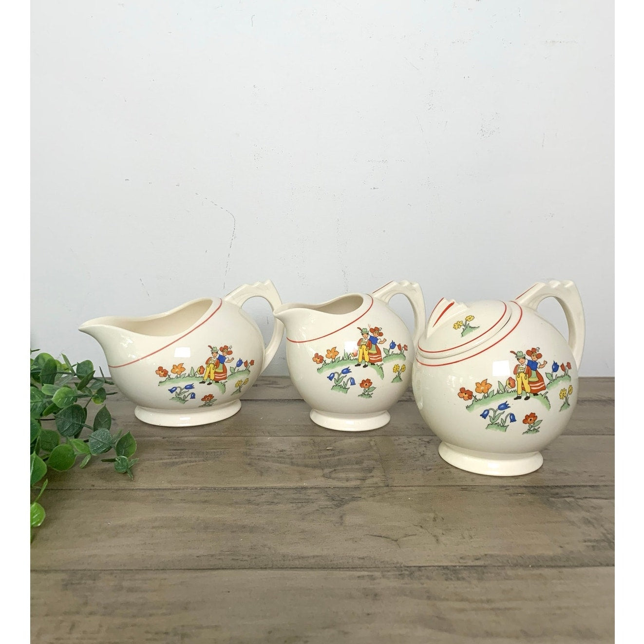 Vintage Crooksville China Co 3pc Creamer & Sugar Set Hand Painted Dutch Children